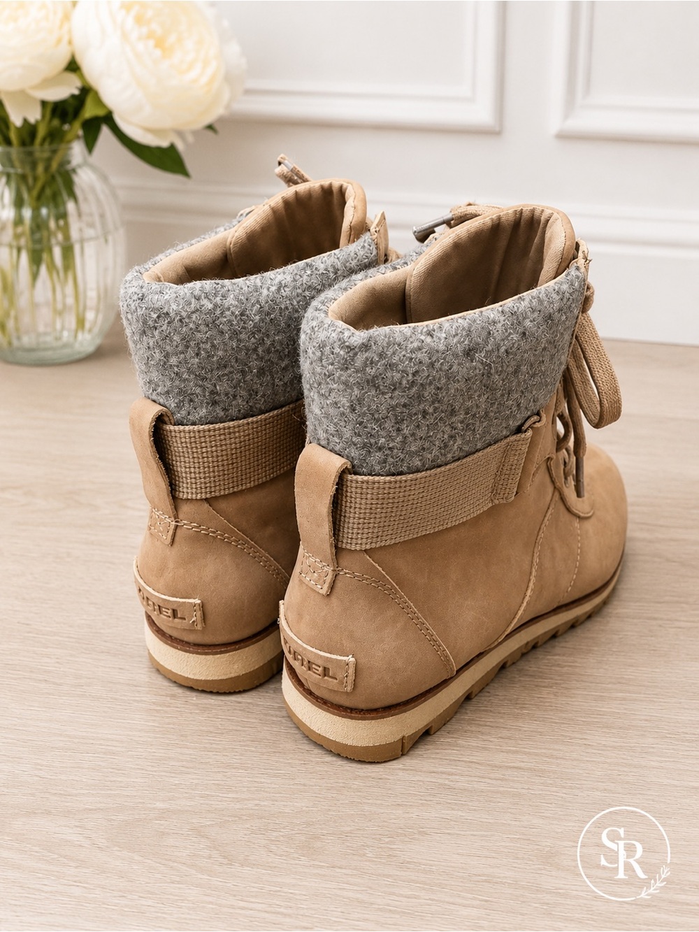 Sorel Harlow Conquest Waterproof Wedge Ankle Boots Sandy Tan Gray Sz 9 NWOB - Picture 4 of 9